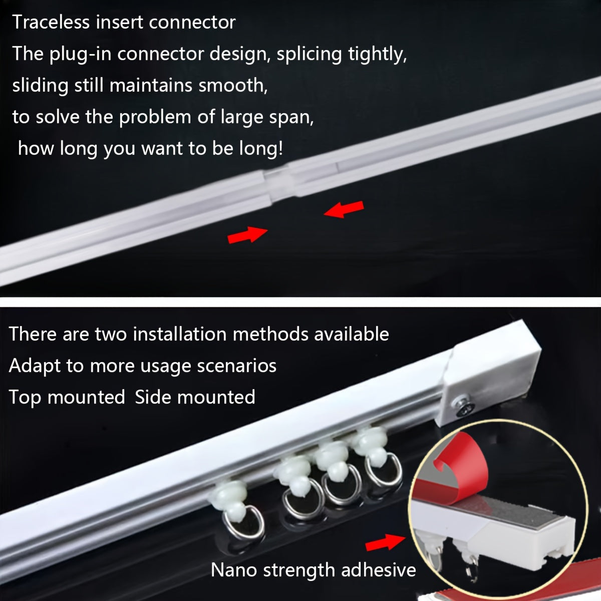 Drill-free curtain track with strong adhesive and silent sliding for bathrooms and dorms.