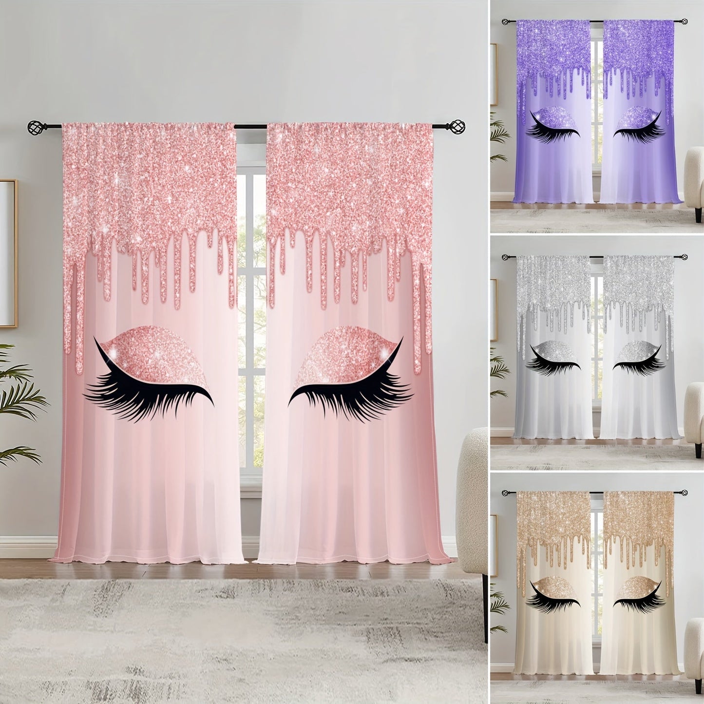 Set of two Eyelash Printed Curtains, Rod Pocket Window Treatments ideal for Bedroom, Office, Kitchen, Living Room, Study, and Home Decor. Enhance your room with stylish and aesthetic decorative curtains.