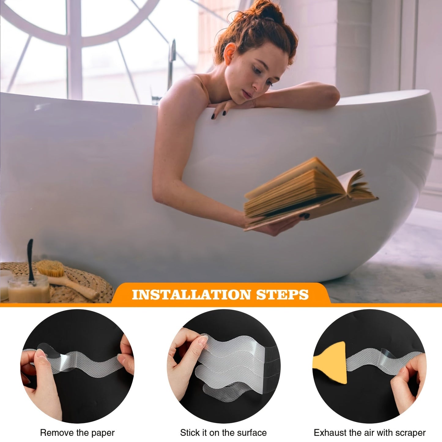 Enhance safety in your bathroom with 24 pieces of EVA Non-Slip Bathtub Stickers featuring a wavy line design. This anti-skid tape provides a durable adhesive grip to prevent slips in the shower and on stairs. Each set includes a scraper for easy