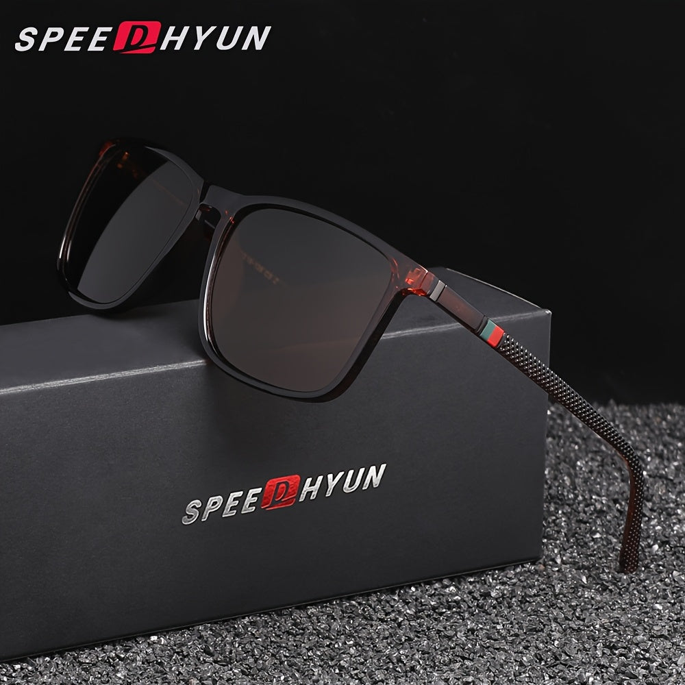 SPEEDHYUN glasses for men, featuring full rim PC frame and lens, lightweight and stylish design, ideal for parties and activities. Includes anti-fog cloth, reflective mirror coating, a