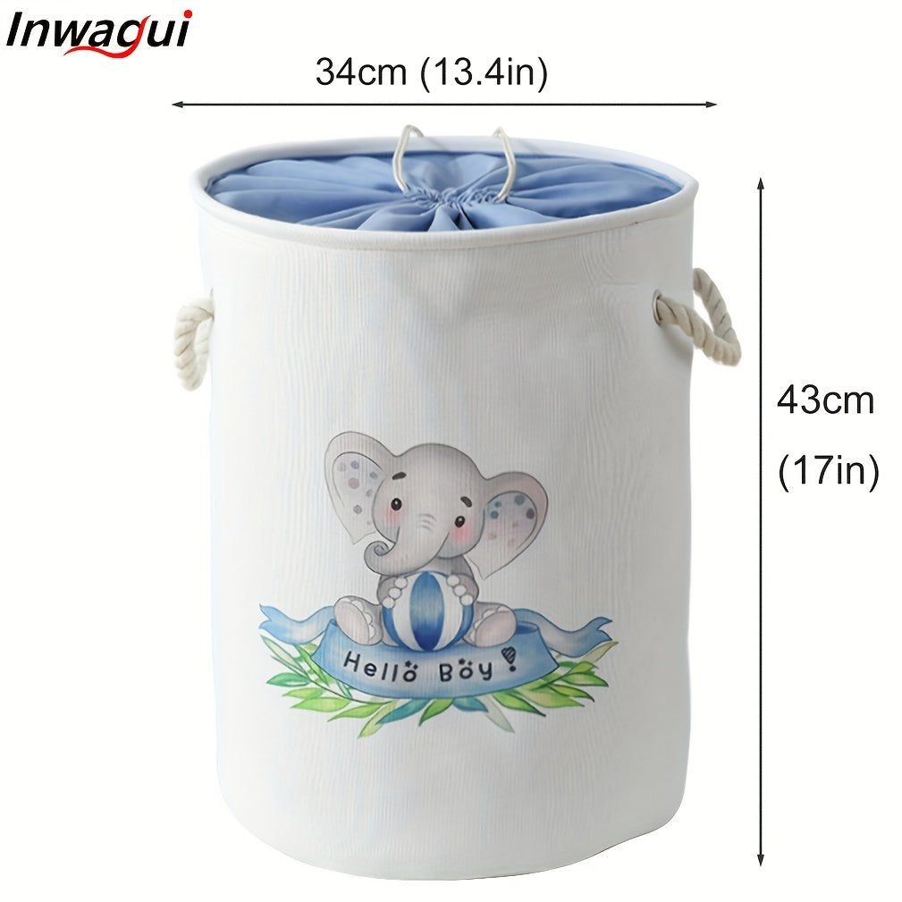 Large foldable laundry hamper with cute animal design, made of thick fabric. Features drawstring lids and can be used as a storage bin for clothes, toys, and other items in the nursery or home. A stylish and practical organizer.