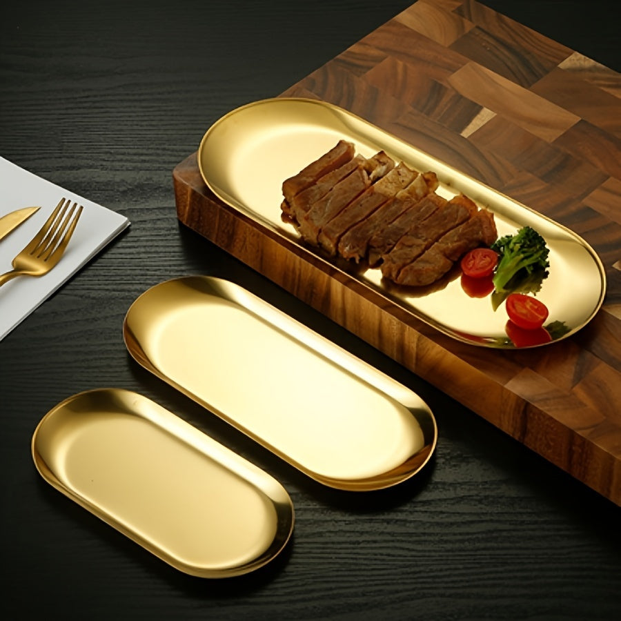 Stainless steel oval plate for Korean cuisine, snacks, and desserts, suitable for home, restaurant, picnic, and parties.