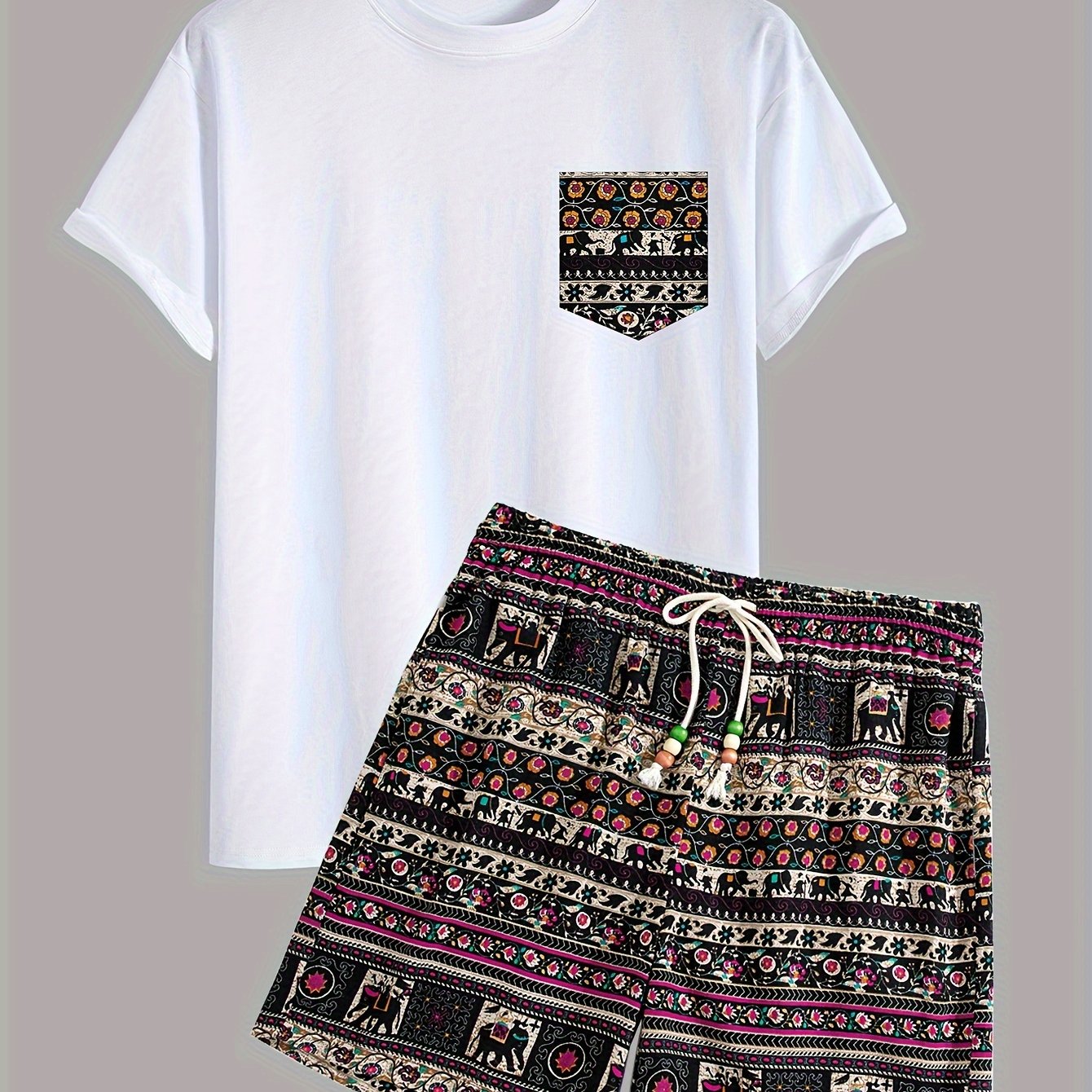 Boho Tribal Print Cotton T-Shirt and Shorts Set, Loose Fit, Crew Neck, Drawstring Bottoms, Knit Fabric, Spring Outfit.