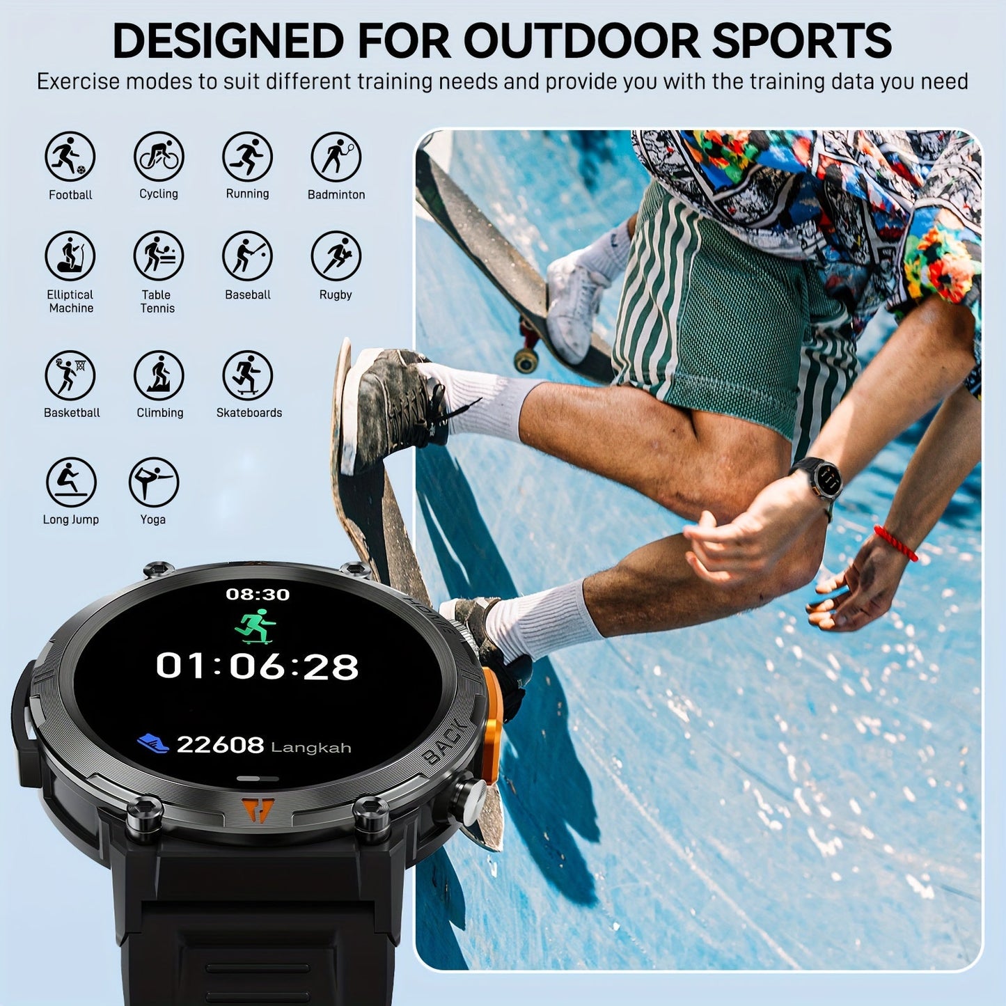 EIGIIS KE3 Men's Smartwatch offers a high-definition touch display, built-in LED flashlight, and the ability to receive calls and texts. It also includes a fitness tracker with a pedometer feature, designed for use with both iPhone and Android devices.