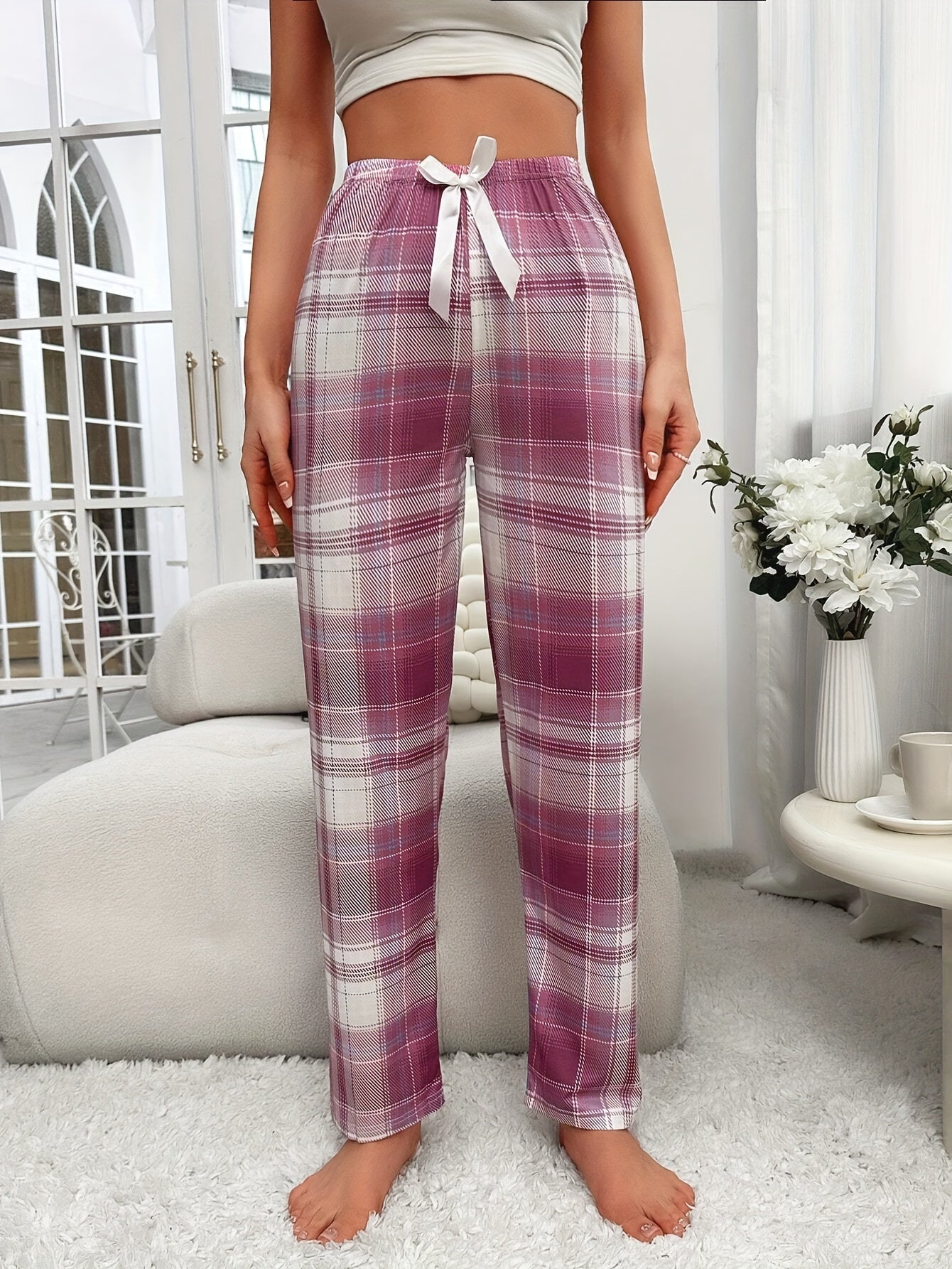 Womens' Plaid Bow Elastic Pajama Pants, Casual Style, Soft Autumn Sleepwear Bottoms