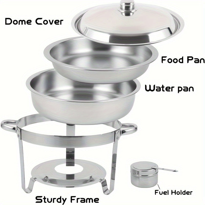 Keep your dishes warm with this stainless steel buffet warmer set, complete with detachable chafing dish, lid, and fuel stand. Ideal for family gatherings, outdoor camping, and holiday parties. This set includes a water pot and makes the perfect