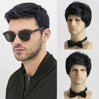 This stylish men's short curly wig features side bangs and is made of 10-inch synthetic fiber that is heat resistant and non-textile material. The black color and funky style make it perfect for everyday wear, parties, Halloween, and role-playing.