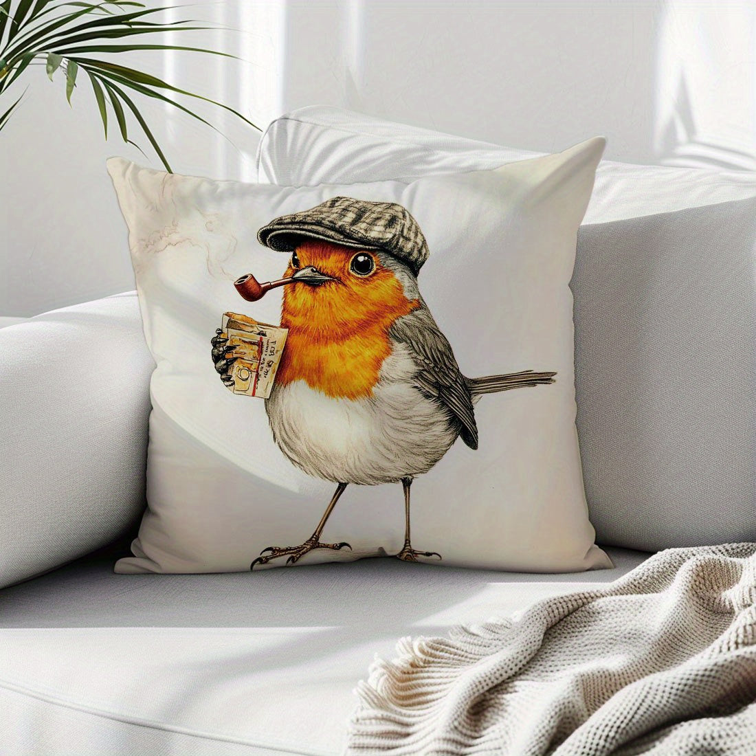 1pc of 44.96x44.96cm Single-Sided Printed Cushion Cover featuring Smoking Robin Retro Style. Made of polyester, zipper closure, machine washable. Ideal for living room, sofa, bedroom decor with contemporary flair.