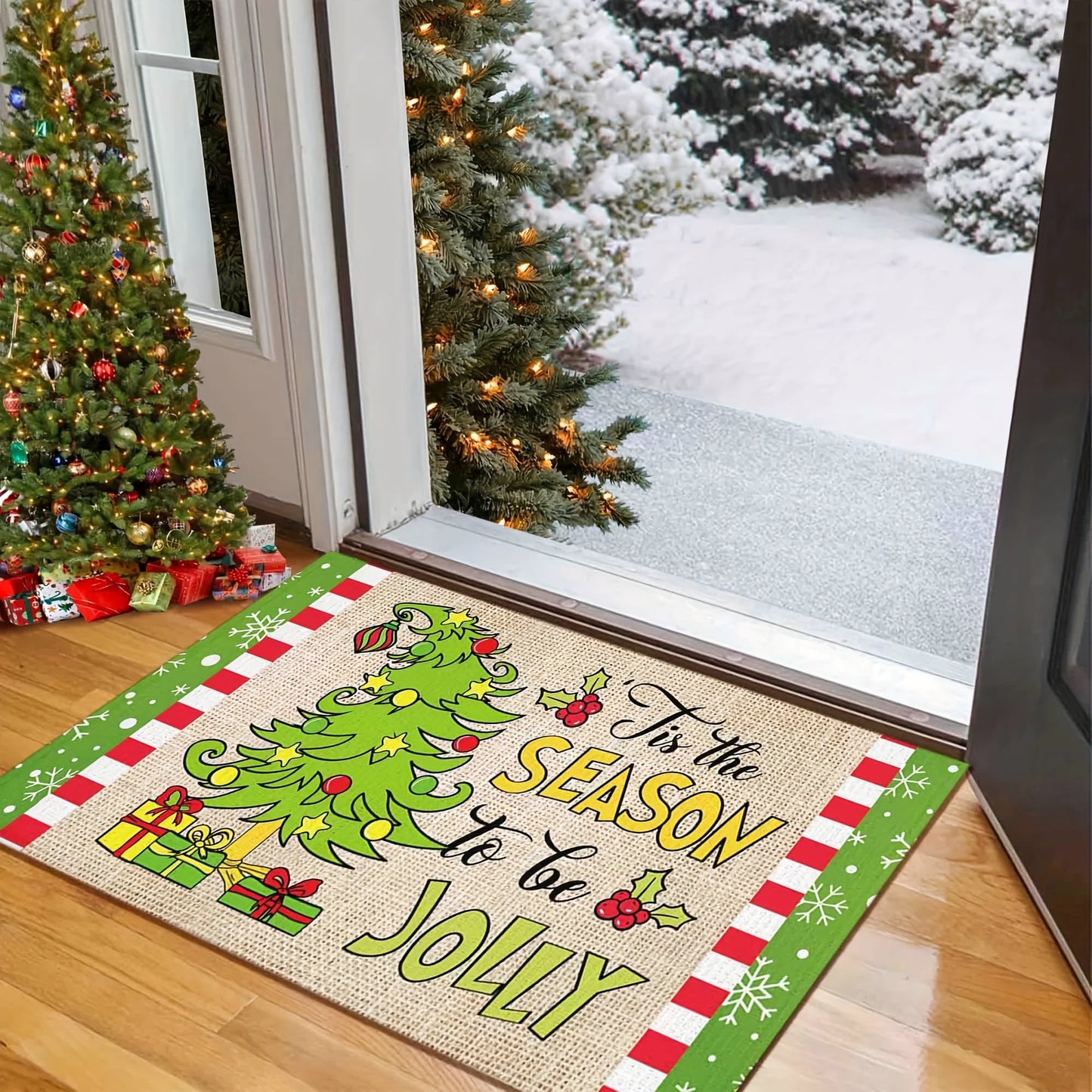 Get into the festive spirit with this Whoville Christmas floor mat! Featuring a delightful Christmas tree design with a green edge snowflake decoration, this non-slip mat is perfect for adding a touch of holiday cheer to your home or outdoor space. Ideal