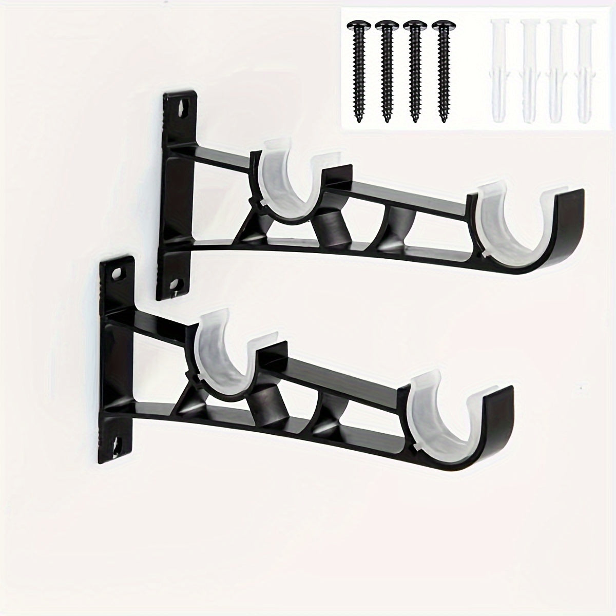 Two pieces of Metal Top Curtain Rod Thickening Brackets, perfect for mounting your Shower Curtain Rod or any other curtain. Includes 4 screws and plastic expansion tube for easy installation. Ideal for holding your curtain accessories and enhancing your