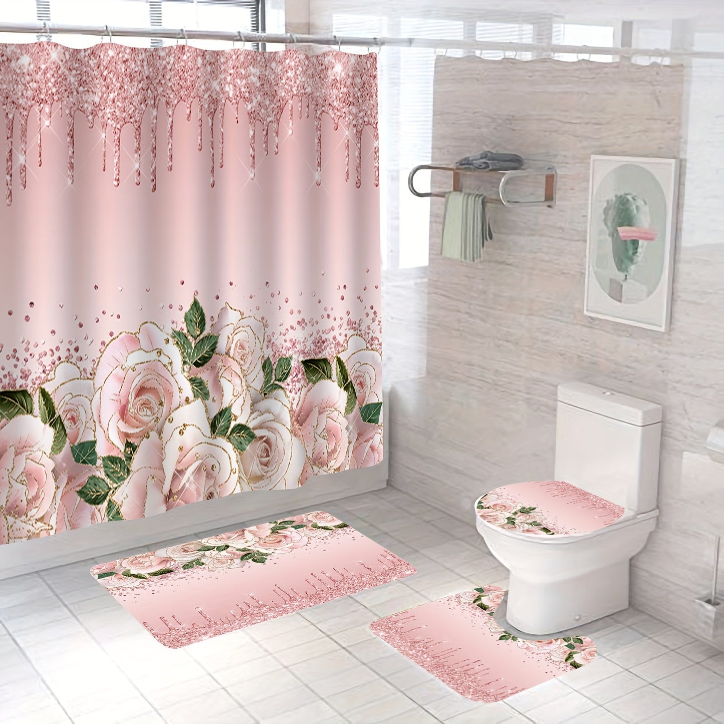 Set of 4 pink rose shower curtains with glitter, includes waterproof curtain, rug, u-shape mat, toilet lid cover, and 12 hooks.