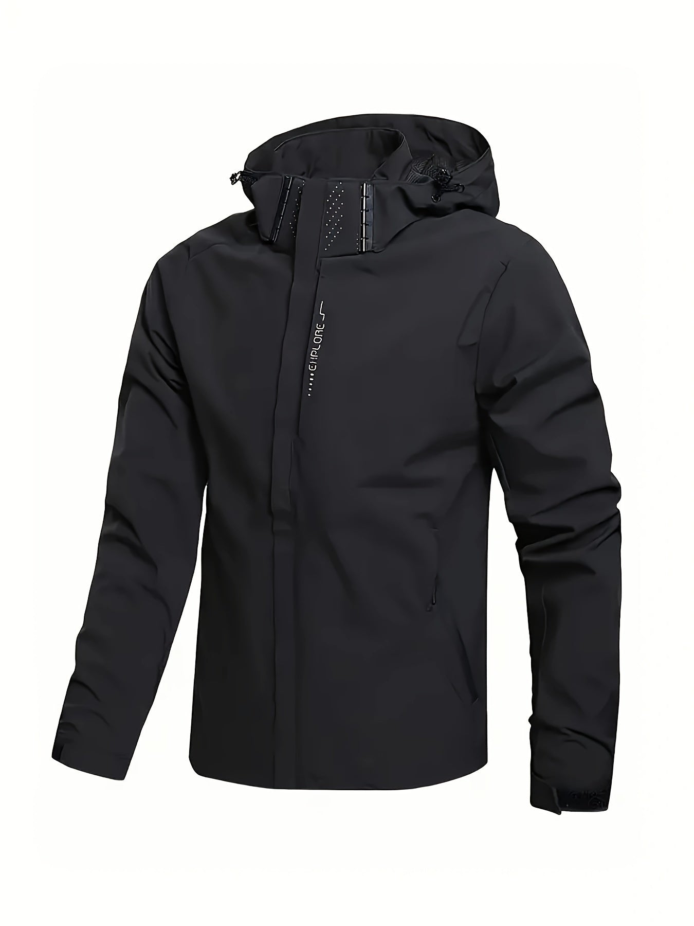 Men's casual windbreaker jacket made of 100% polyester with an alphabet pattern, zippered pockets, and detachable hood for all-season outdoor wear.