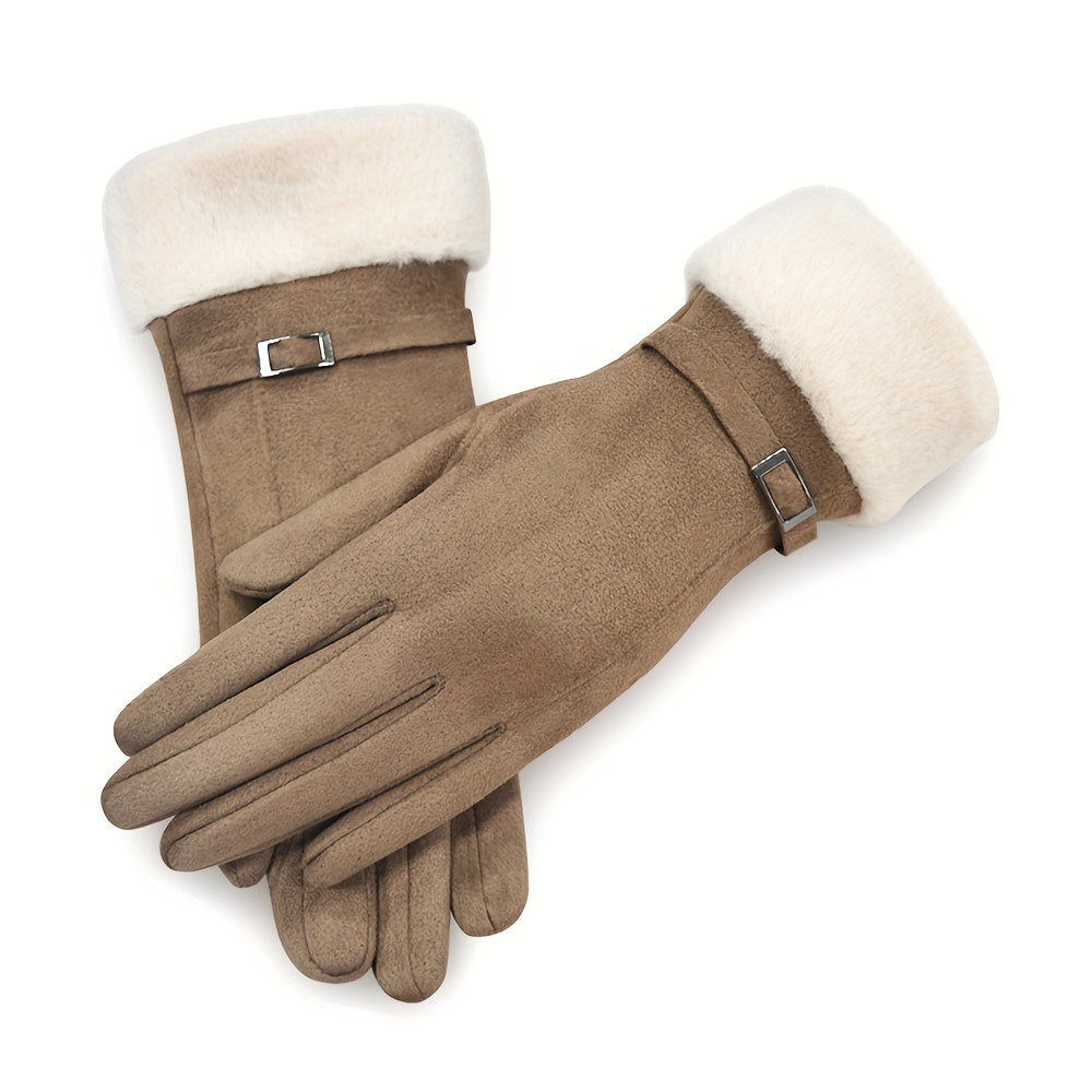 Winter gloves for women that are touchscreen-compatible, made of warm suede with plush lining, featuring an elastic fit and available in multiple colors.