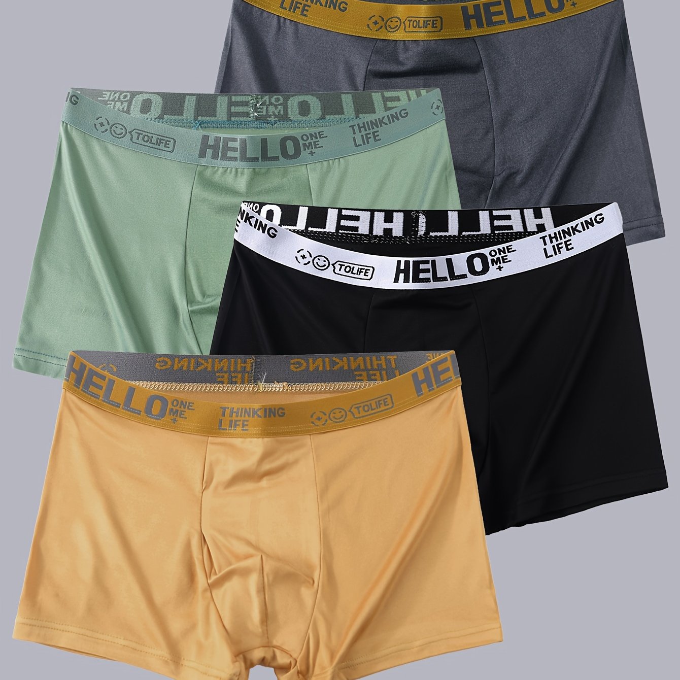 4-Pack of Men's Breathable Sports Boxer Briefs made of polyester knit with medium stretch, quick-dry feature, and casual solid color design.