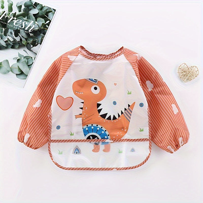 Long-sleeved Waterproof Feeding Bib with Adorable Cartoon Design, Reversible Wear Option.