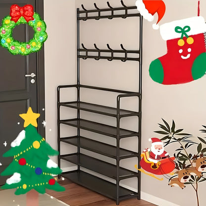 This 5-tier shoe rack is made of durable carbon steel and features 8 hooks, making it perfect for organizing shoes, bags, umbrellas, boots, hats, and more. It is a versatile storage solution that is sturdy and space-saving. Easy to assemble, this shoe