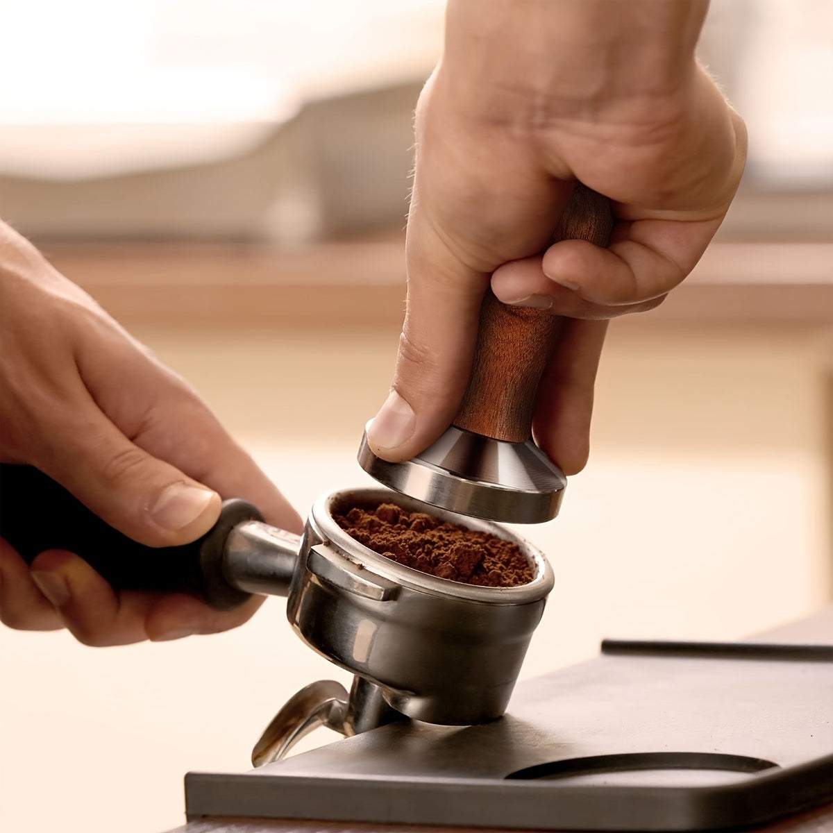 High-Quality Espresso Tamper with Wooden Handle - Available in 51/53/58mm Sizes, Featuring a Flat Bottom Design for Precise Tamping, Made of Rust-Proof Steel, Perfect for Baristas and Home Brewers, Handcrafted Tamper for Coffee Grounds, Essential