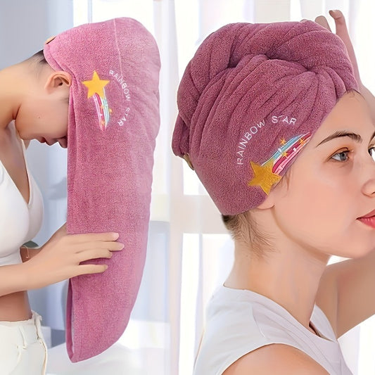 Soft and quick-dry hair towel wrap with button, absorbent bathroom accessory in cute solid color for women.