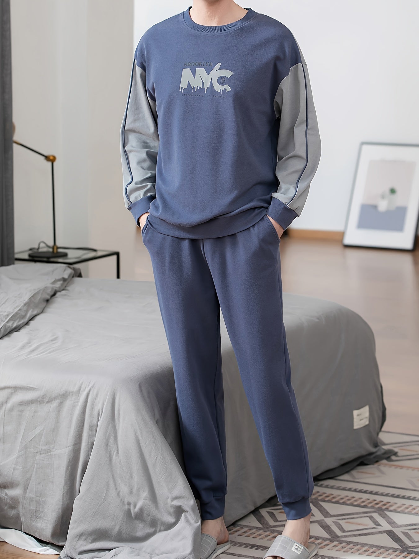 Men's casual color block pajama set with letter graphic print, long sleeve crew neck top and loose pants. Perfect for spring and autumn outdoor wear.