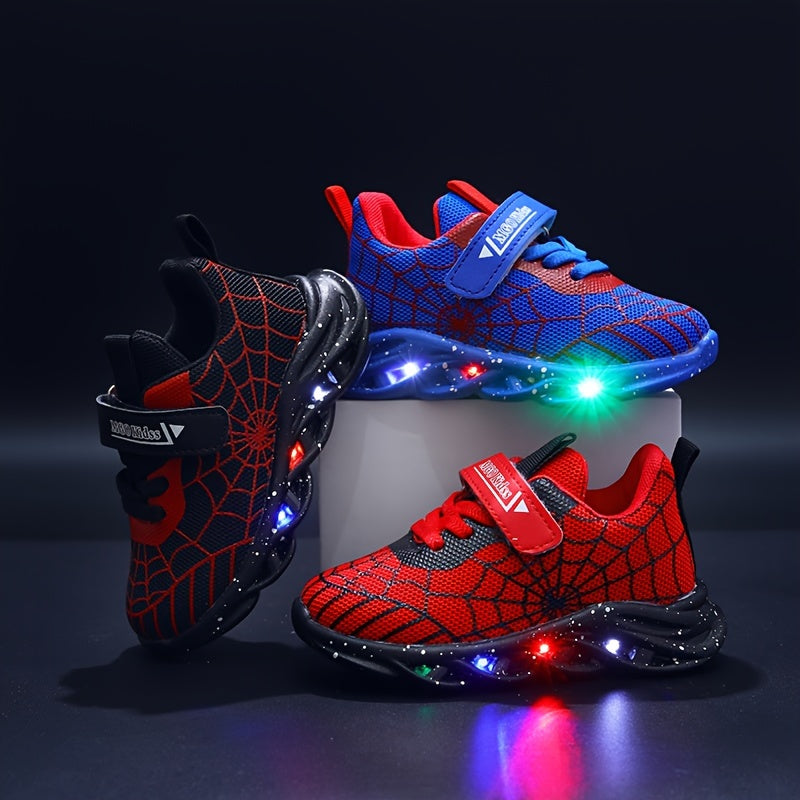 MGO Kids LED sneakers with spider web design, mesh upper and PVC sole, suitable for ages 1-6 for all-season wear.