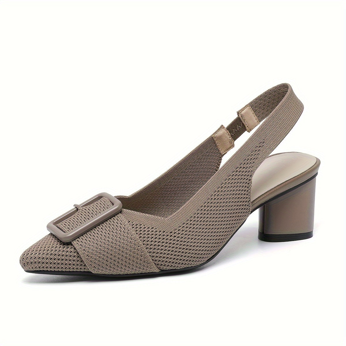 Women's mid-heel pumps with breathable knit, pointed toe, slip-on style, and chunky heel for all seasons.