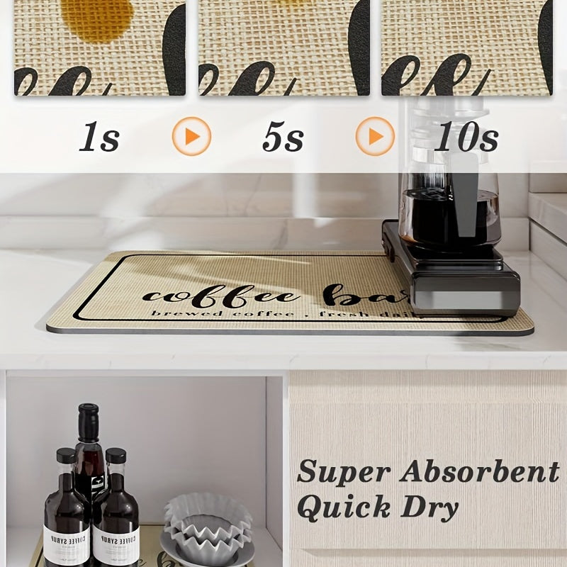 Keep your kitchen clean with the "Coffee Lover" Quick-Dry Coffee Mat, designed with hidden stain absorption and a rubber backing. Perfect for your kitchen counter or coffee bar, this mat is ideal for use with espresso machines and coffee mugs.