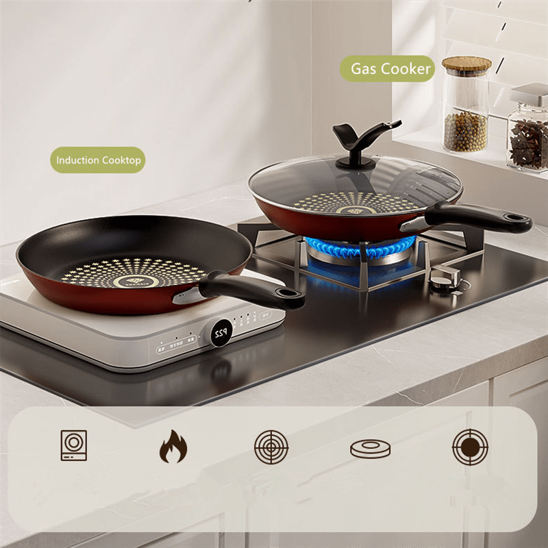 Heavy-duty non-stick iron skillet set with lids for cooking at home, RV, or outdoors. Great for steaks, pancakes, and gourmet dishes on gas or induction stoves. Durable and versatile design.