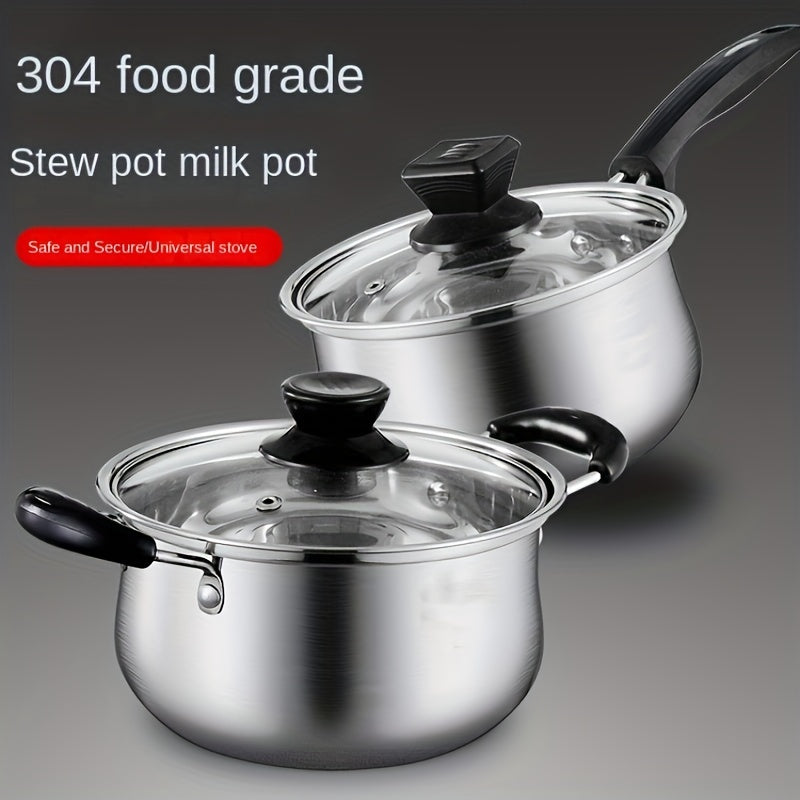 304 Stainless Steel Food Grade Soup Pot with Thickened Bottom for use on Induction Cooker. Can be used as a General Soup Pot, Small Milk Pot, or Complementary Food Glass Cover. Features a Single Handle Milk Pot and a Double Ear Soup Steaming Pot. Perfect