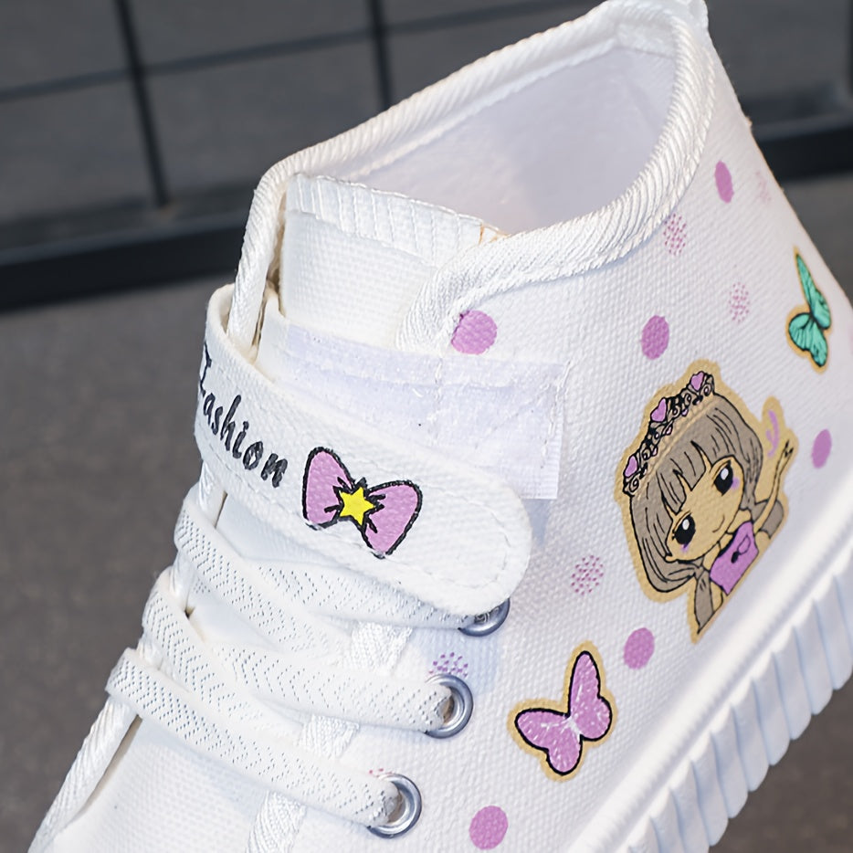 Cute high-top canvas shoes for girls featuring cartoon character, durable sole, and breathable design - perfect for everyday wear in spring and autumn.