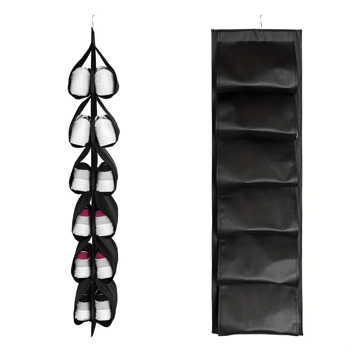 Foldable dustproof shoe organizer with 12 compartments for hanging, a perfect space-saving storage solution for your shoes in the closet or wardrobe. Can also be used for boots.