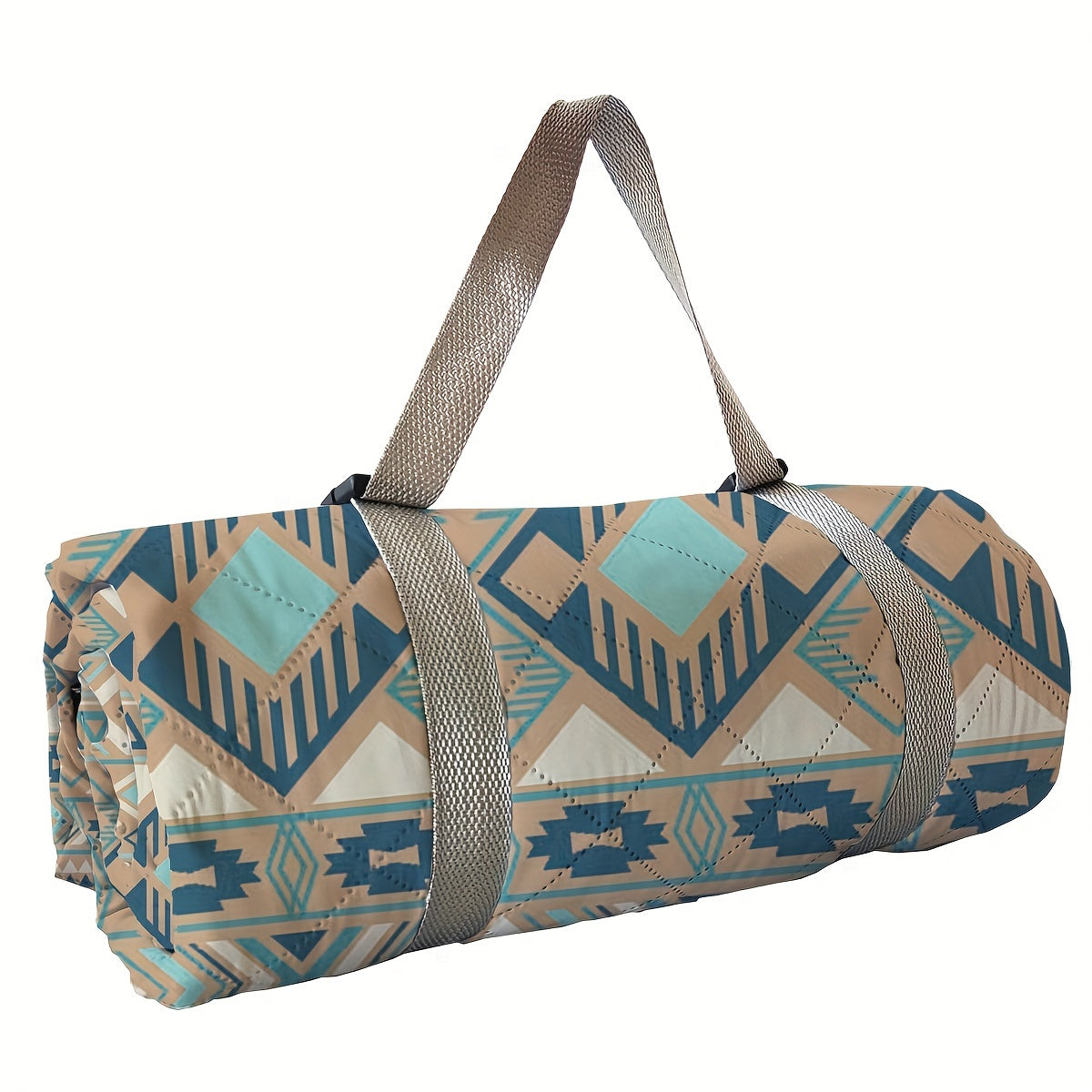 198.12cm x 198.12cm waterproof picnic and beach blanket made with durable 210D Oxford fabric. Tear-resistant, sand-free, and machine washable. Features a vibrant geometric pattern in blue