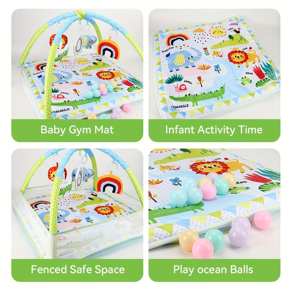 Assembly required, this infant activity center play gym features a multifunctional fence, cloth mat with a jungle animal theme, soft hanging toys, and an educational playmat suitable for newborns up to 3 years old. This would make an ideal gift for