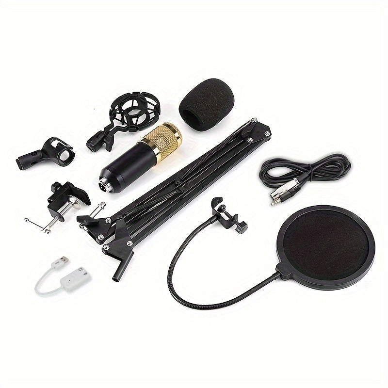 Black and Golden BM-800 Full Metal Microphone Set, USB Powered, 3.5mm Jack, Multi-Purpose Condenser Mic for various uses - Rzosom, Metal Condenser Microphone, Hanging, Anti-spray Net