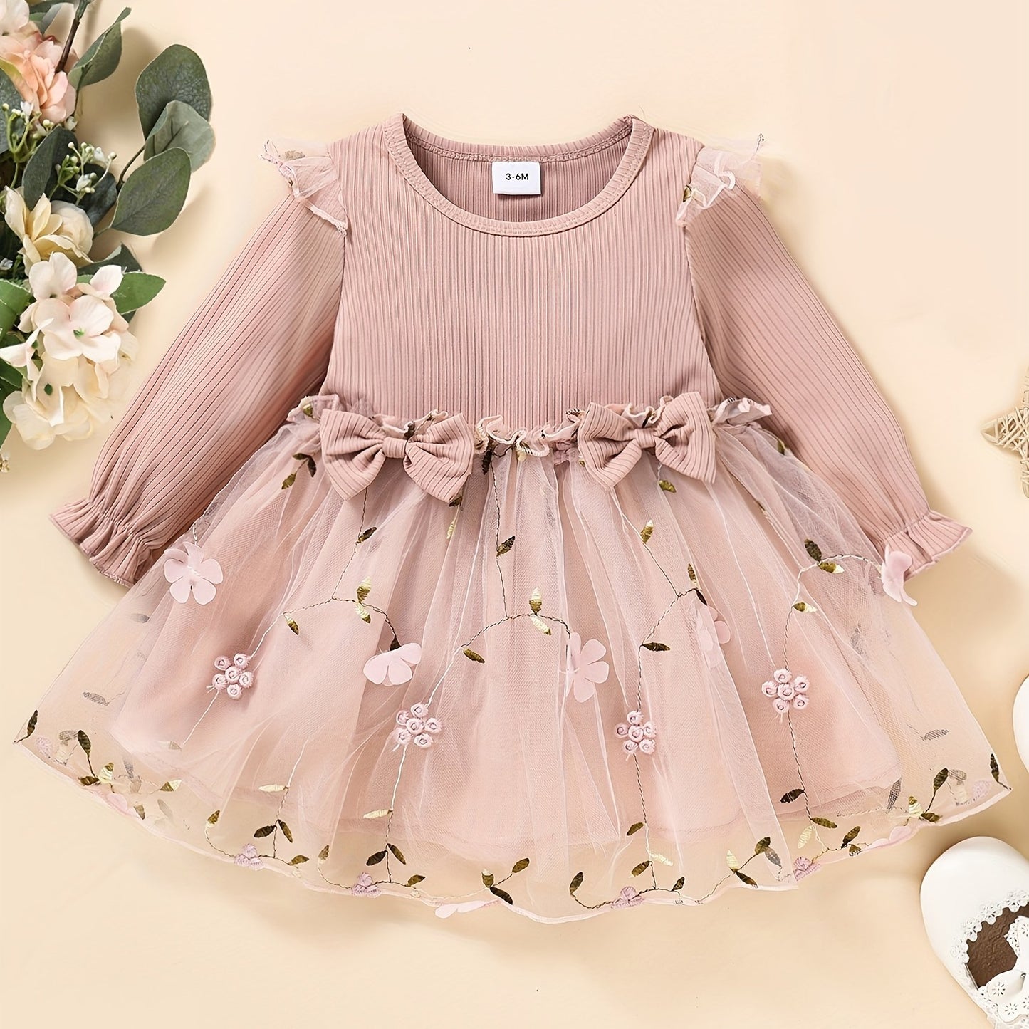 Elegant flower embroidery long sleeve dress for baby girls, perfect for daily wear, holidays, and parties. Ideal as a gift.