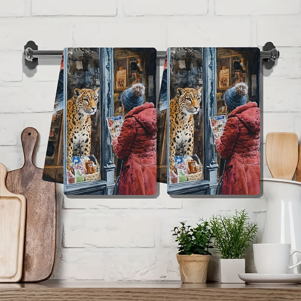 Set of 2 Ultra Soft Kitchen Towels featuring a Whimsical Leopard & Human Encounter Design, Made with Highly Absorbent Polyester Material. Easily Machine Washable, each towel measures 40.64x60.96 cm - Perfect for Holiday Decor and practical use as Dish