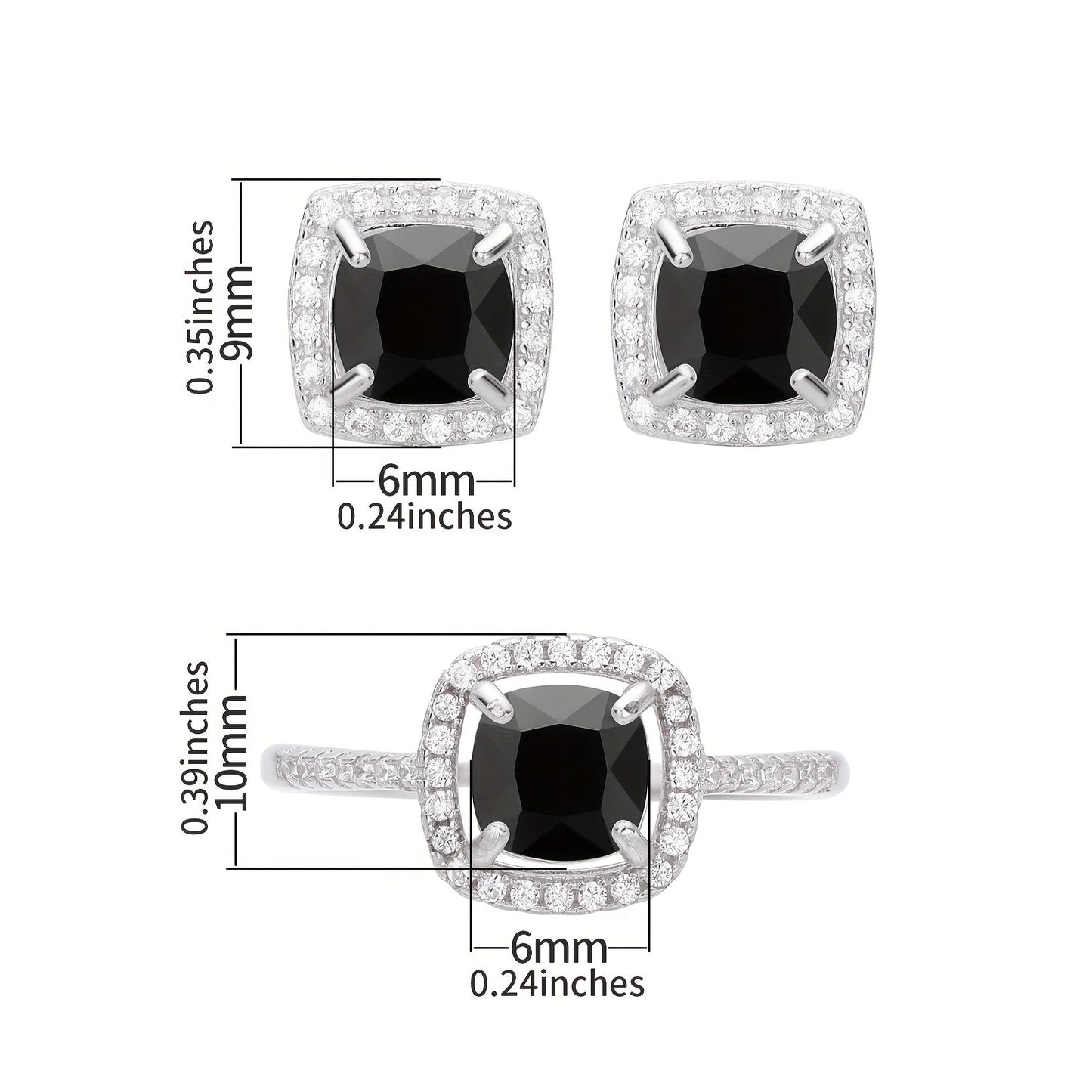 Set of elegant jewelry comprising of three pieces - two earrings and one ring, made of 925 sterling silver and inlaid with black zircon. This set symbolizes romance and mystery, making it perfect for parties and special occasions. The total weight of