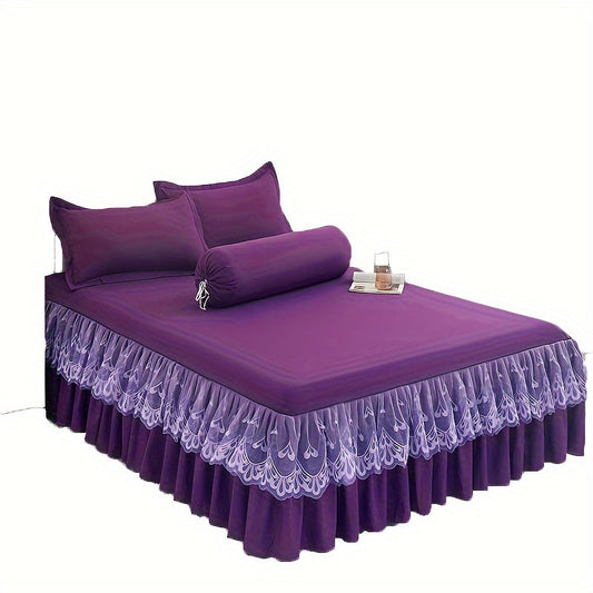 Chic 3-Piece Bed Skirt Set Featuring Double Layer Lace - Comes with 1 Bed Skirt and 2 Pillowcases, in a Solid Color. Non-Slip and Perfect for All Seasons, this Set is Machine Washable for easy care.