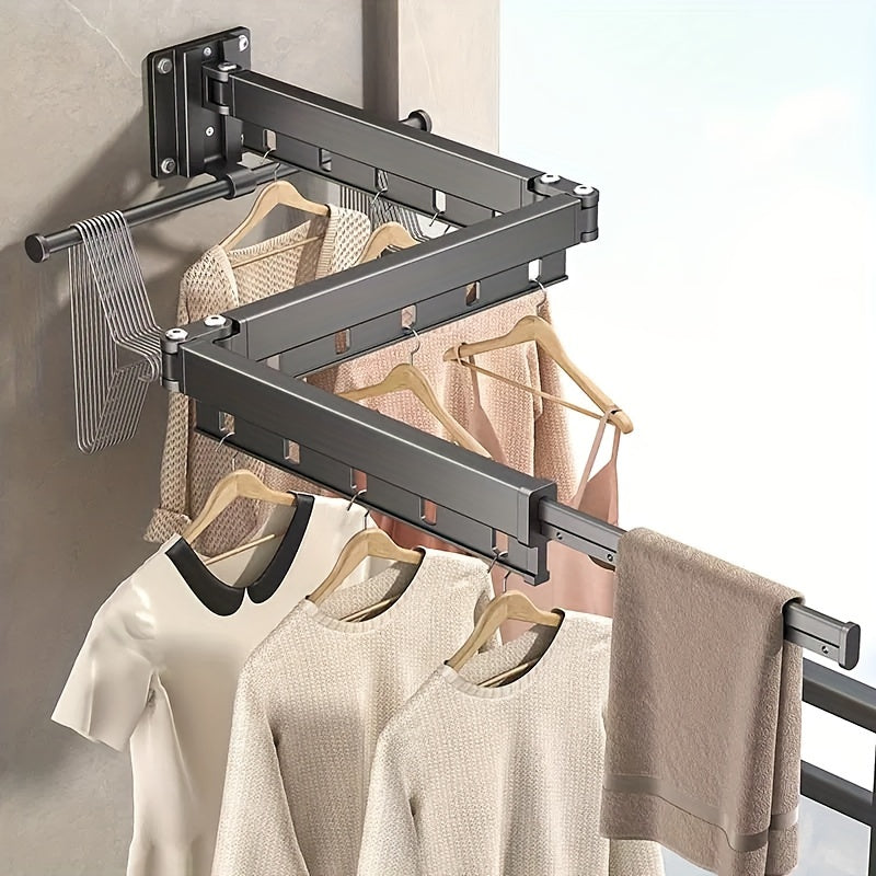 Folding Drying Rack made of Aluminum Alloy with Hooks, Wall Mount Clothes Hanger for Balcony, Laundry Room, Bathroom - Space-Saving Design, Retractable Clothesline with Metal Material