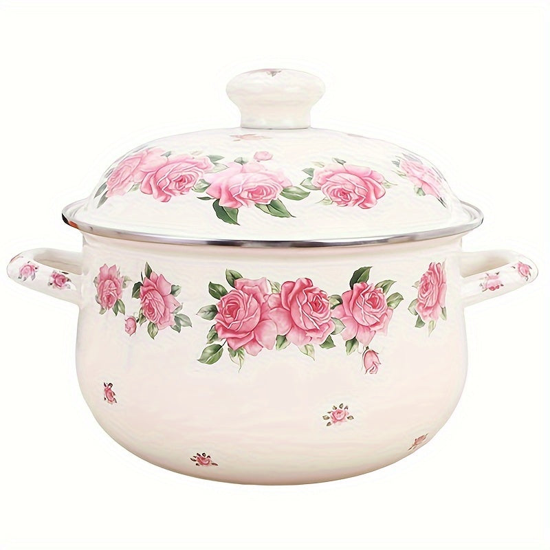 Vintage Floral Pattern Enamel Stockpot with Lid, 20cm, Cooking Pot with Handles - Perfect for Soups, Stews, and Beans! Compatible with Induction and Gas Stoves.