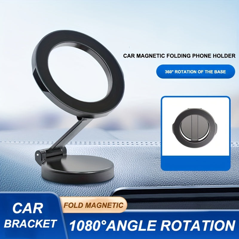 Metal high-strength magnetic mobile phone holder for car, foldable and 360-degree rotatable on dashboard for navigation.