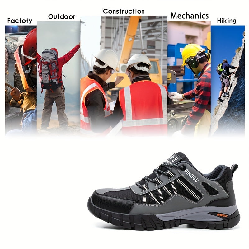 DINGGU Men's Safety Work Shoes: Steel toe, puncture-proof, anti-skid, breathable microfiber upper, comfortable for all-day wear in industrial & construction settings. Gray with orange