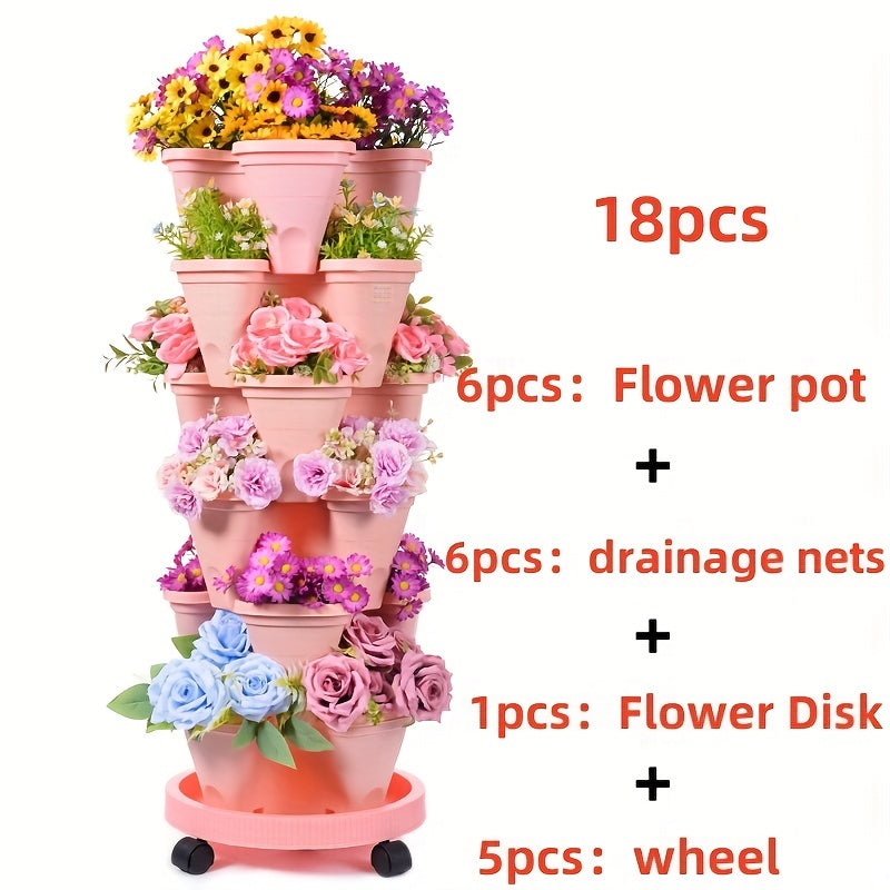 6-Layer stackable flower pots made of durable plastic with wheels and tools for indoor or outdoor gardening. Suitable for flowers, herbs, strawberries, and vegetables.