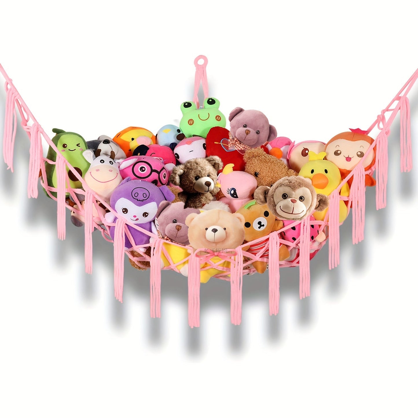 Large Boho-style net hammock for storing and hanging pink stuffed animals. Perfect for keeping your favorite toys organized and displayed in a fun and stylish way.