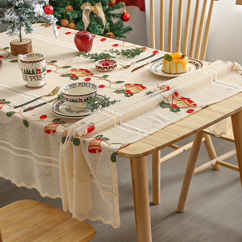 Red bell floral tablecloth, perfect for festive Christmas dining and kitchen decor. Made of square polyester and machine-woven.