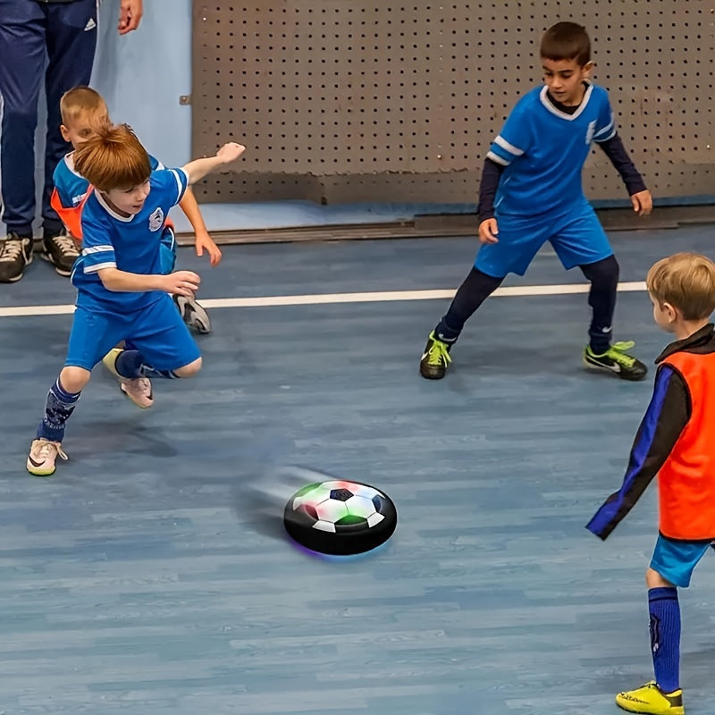 Air cushion football with LED lights, ideal for indoor and outdoor play. Perfect gift for children, great for parties and interactions between boys and girls. Battery-free.