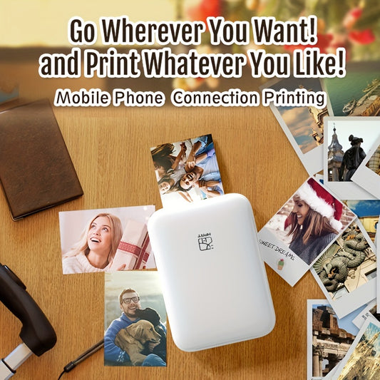 Portable photo printer compatible with IOS/Android devices for direct printing, featuring ZINK technology for high-quality color reproduction.