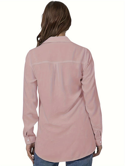 Solid Button Front Shirt with Roll Up Sleeves for Spring & Fall in Plus Size Women's Clothing.