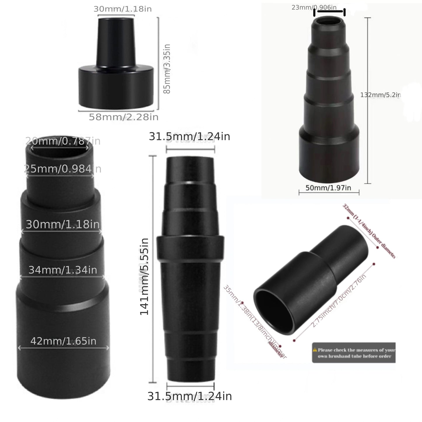 Universal Vacuum Hose Adapter Kit includes 5 pieces of converters, allowing for easy conversion from 3.81cm to 3.81cm and from 4.45cm to 3.25cm dust hose port adapters.