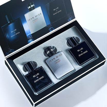 Men's perfume suit with blue cologne, wood fragrance, and lasting freshness in an authentic gift box for students.