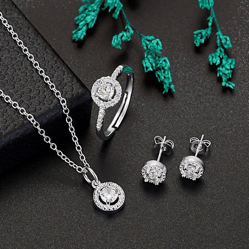 Women's Jewelry Set, featuring 925 Silver Plated Copper in a Cute Y2K Style, adorned with Synthetic Zirconia. Includes a Necklace, Ring, and Earrings perfect for both Daily Wear and Festive Celebrations. An ideal Christmas All-Season Accessory.